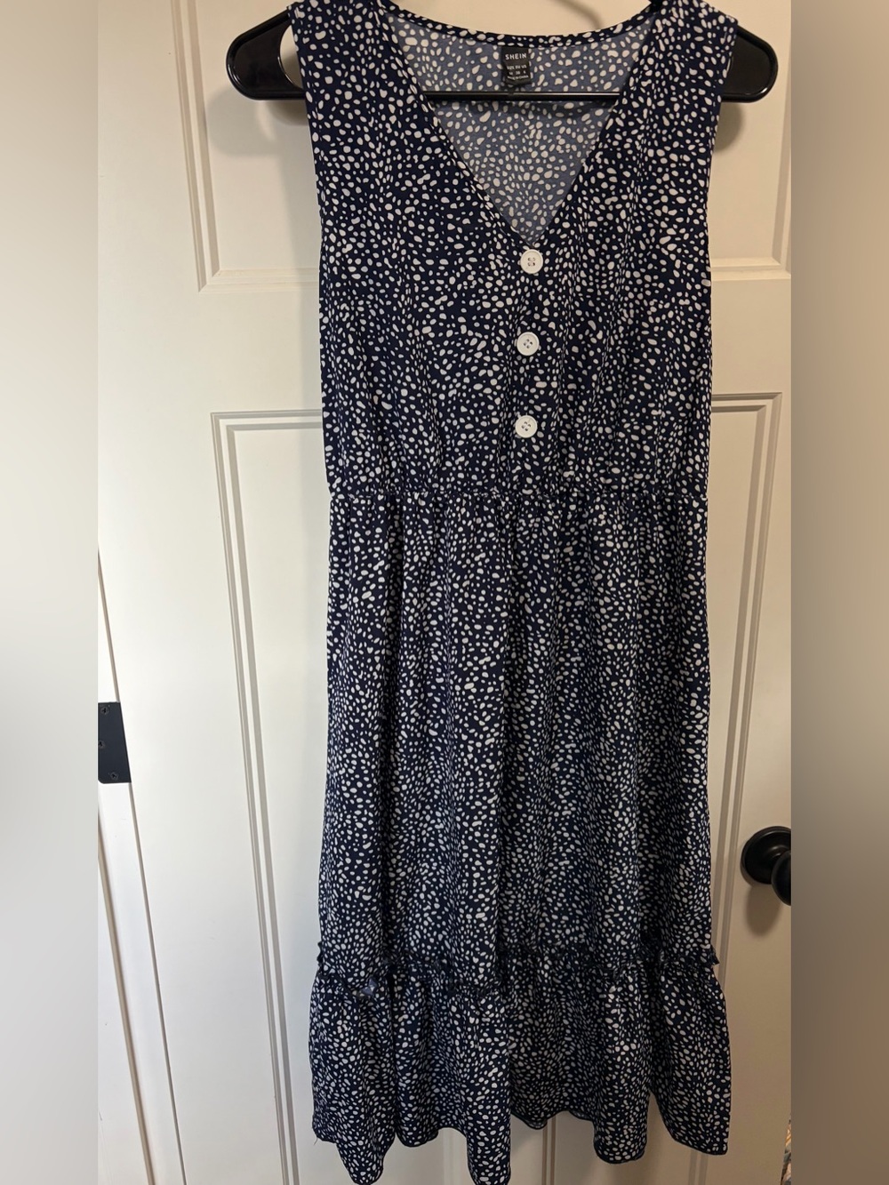SHEIN Navy Blue and White Sleeveless Button-Front Midi Dress